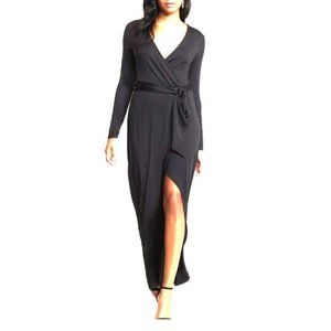 NWT Dynamite Maxi Wrap Dress Black XXS Womens Dress Formal Slit Sexy Long Sleeve